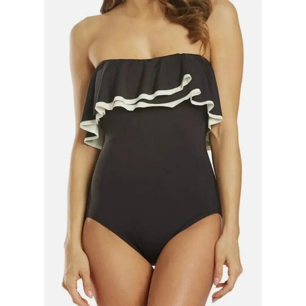 Coco Reef Black Cream Agate Ruffle Bandeau UW One Piece Swim Suit 16 40C NWT - Picture 2 of 6